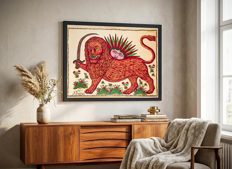 Rare Lion and Sun Iran Flag Restoration – 1880 Isfahan Persian Folk Art Poster - wall decor - wooden Canvas - frame - fine museum paper image 8