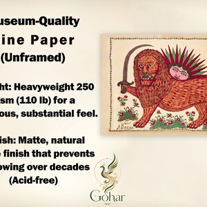 May include: Museum-Quality Fine Paper (Unframed) featuring a lion with a sword and a sun-like face on its back. The paper is heavyweight 250 gsm (110 lb) with a matte, natural white, acid-free finish. The artwork includes floral details and text.