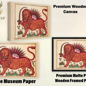 May include: A collection of three art prints featuring a lion with a sword and a sun-like face on its back. The set includes a premium wooden canvas, a fine museum paper print, and a premium matte paper print in a black wooden frame.