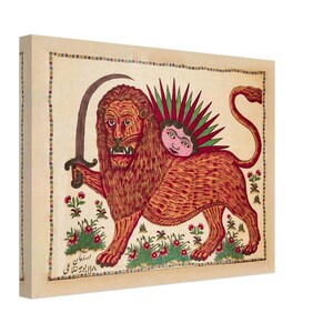Rare Lion and Sun Iran Flag Restoration – 1880 Isfahan Persian Folk Art Poster - wall decor - wooden Canvas - frame - fine museum paper image 9