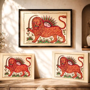 Rare Lion and Sun Iran Flag Restoration – 1880 Isfahan Persian Folk Art Poster - wall decor - wooden Canvas - frame - fine museum paper image 3