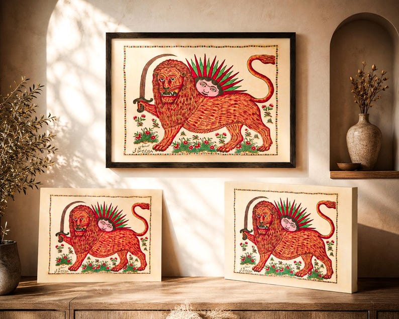 Rare Lion and Sun Iran Flag Restoration – 1880 Isfahan Persian Folk Art Poster - wall decor - wooden Canvas - frame - fine museum paper image 3
