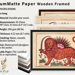 May include: Premium matte paper wooden framed poster featuring a lion with a sword and a sun face. Specifications: ready-to-hang, pine wood frame 0.79-0.98 inches thick, 0.4-0.6 inches wide, 80 lb paper weight, 0.22 mm thickness, and shatterproof plexiglass.