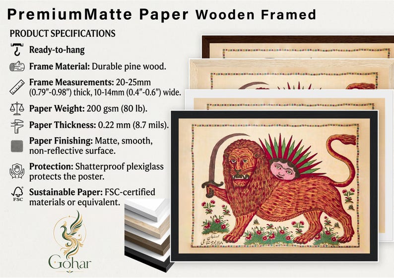 May include: Premium matte paper wooden framed poster featuring a lion with a sword and a sun face. Specifications: ready-to-hang, pine wood frame 0.79-0.98 inches thick, 0.4-0.6 inches wide, 80 lb paper weight, 0.22 mm thickness, and shatterproof plexiglass.