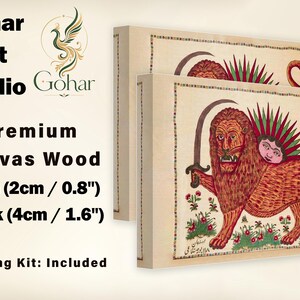 May include: Two rectangular canvas prints featuring a lion with a human face, holding a sword, surrounded by flowers. Text includes Gohar Art Studio, Premium Canvas Wood, Slim 2cm/0.8 inches, Thick 4cm/1.6 inches, and Hanging Kit: Included.