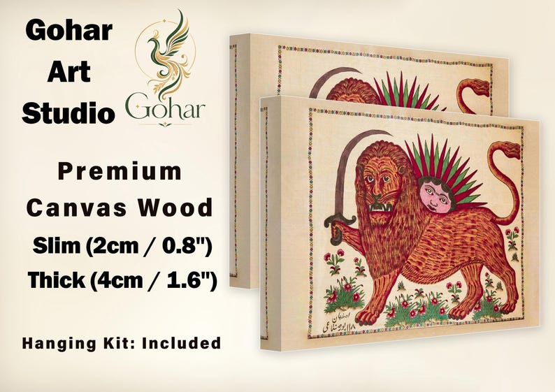 May include: Two rectangular canvas prints featuring a lion with a human face, holding a sword, surrounded by flowers. Text includes Gohar Art Studio, Premium Canvas Wood, Slim 2cm/0.8 inches, Thick 4cm/1.6 inches, and Hanging Kit: Included.