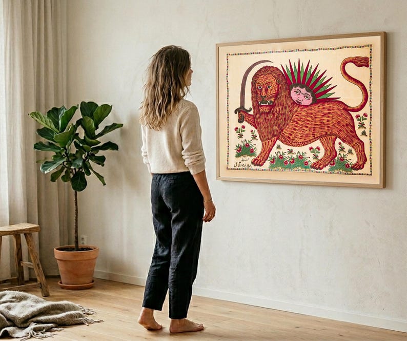 Rare Lion and Sun Iran Flag Restoration – 1880 Isfahan Persian Folk Art Poster - wall decor - wooden Canvas - frame - fine museum paper image 4