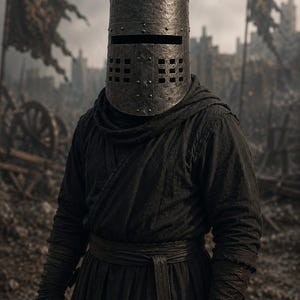 Può includere: Una persona indossa un elmo medievale nero con una visiera rettangolare e una veste scura. L'elmo è cilindrico con rivetti. Lo sfondo mostra una scena di battaglia con bandiere e detriti.