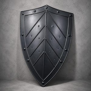 May include: A black shield with a pointed bottom and rounded top. The shield has a decorative pattern of diagonal lines and rivets. The shield is made of metal and has a matte finish. The shield is a medieval-themed item.
