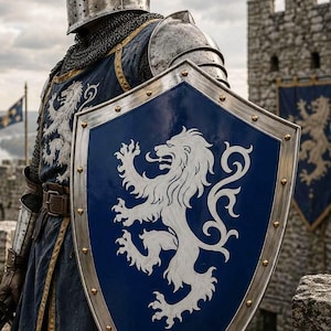 Puede incluir: Una armadura que incluye un casco de metal, cota de malla y una túnica azul con un emblema de león blanco. Un escudo grande y puntiagudo con un diseño de león azul y blanco a juego se sostiene al frente. El texto HEYNZ CO. aparece arriba.