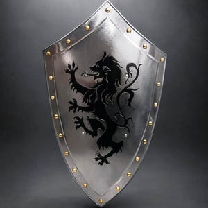 Op de afbeelding: Een zilverkleurig schild met een zwart leeuwenembleem. Het schild heeft een puntige onderkant en is afgezet met goudkleurige klinknagels. De leeuw staat in een heraldische pose, met de voorpoten omhoog.
