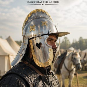 May include: A polished steel helmet with brass trim, featuring a heart-shaped cutout on the cheek guard and star-shaped rivets. The helmet is worn over a black quilted vest with metal studs. Text at the top reads HENYZ CO. HANDCRAFTED ARMOR.