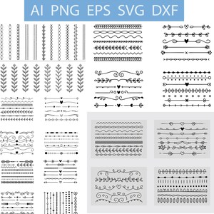 Peut inclure: Une collection de bordures et de séparateurs décoratifs noirs et blancs de différents styles. Les motifs comprennent des lignes avec des points, des cœurs, des flèches et des éléments floraux. Le texte "AI PNG EPS SVG DXF" est également présent.