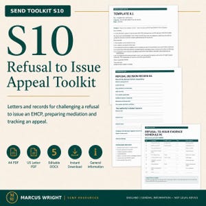 May include: The S10 Refusal to Issue Appeal Toolkit includes three document templates: Template 8.1, Refusal Decision Record 8A, and Refusal-to-Issue Evidence Schedule 8C. The set features dark green headers, text fields for legal correspondence, and icons.
