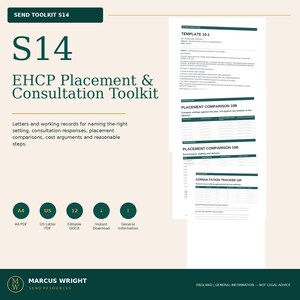 May include: A digital toolkit titled S14 EHCP Placement & Consultation Toolkit, featuring documents like Template 10.1, Placement Comparison 10B, and Consultation Tracker 10F. Includes icons for A4 PDF, US Letter PDF, editable DOCX, and instant download.