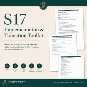 May include: The S17 Implementation & Transition Toolkit includes documents for admission dates and transition planning. It features a parent letter template, an implementation start record 12A, and a pre-start checklist 12E in A4 and US Letter PDF formats.