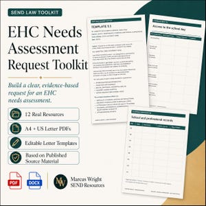 May include: The EHC Needs Assessment Request Toolkit includes editable letter templates and evidence maps. It features 12 resources in A4 and US Letter PDF formats, with documents titled Template 5.1, Access to the school day, and School and professional records.