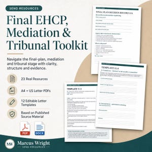 May include: A digital toolkit titled Final EHCP, Mediation & Tribunal Toolkit featuring 23 resources, 12 editable letter templates, and PDF and DOCX formats. The document displays forms including Final Plan Decision Record 11A and Template 11.3.