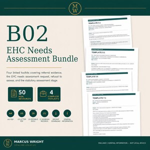May include: A digital document bundle titled B02 EHC Needs Assessment Bundle, featuring four linked toolkits for referral evidence and assessment requests. Includes 50 resources, 4 toolkits, A4 and US letter formats, 29 editable docs, and 21 working records.