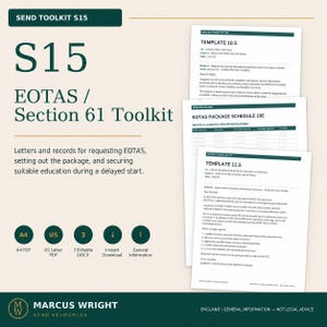 May include: A digital toolkit titled S15 EOTAS / Section 61 Toolkit, featuring editable parent letters and a package schedule. The document set includes A4 and US Letter PDF formats, three editable DOCX files, and general information resources.