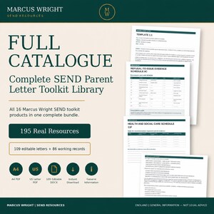 May include: A digital product bundle titled Marcus Wright Full Catalogue Complete SEND Parent Letter Toolkit Library. It includes 195 resources, 109 editable letters, and 86 working records. The document set features A4 and US Letter PDF formats.