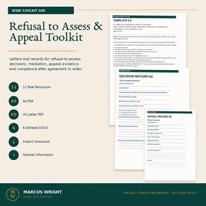 May include: A digital toolkit titled Refusal to Assess & Appeal Toolkit, featuring documents including Template 5.6, Decision Record 6A, and Appeal Record 6D. The set includes 12 resources in A4 and US Letter PDF formats, plus 6 editable DOCX files.