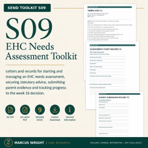 May include: The S09 EHC Needs Assessment Toolkit includes a collection of documents for managing assessments, featuring templates like Template 7.1, Assessment Start Record 7A, and Parent Submission Record 7C, with icons for A4 PDF, US Letter PDF, and DOCX.