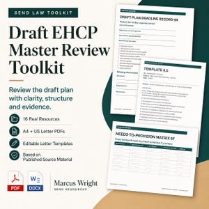 May include: A Draft EHCP Master Review Toolkit featuring 16 real resources, A4 and US Letter PDFs, and editable letter templates. The document set includes a Draft Plan Deadline Record 9A, Template 9.5, and a Needs-to-Provision Matrix 9F.