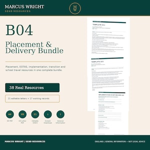 May include: A digital document bundle titled B04 Placement & Delivery Bundle by Marcus Wright. It includes 38 resources, comprising 21 editable letters and 17 working records, available in A4 and US Letter PDF formats, plus editable DOCX files.
