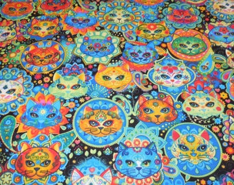 1 Yard of Bright Cat Sugar Skulls / Multi Colored Background Fabric by Timeless Treasures