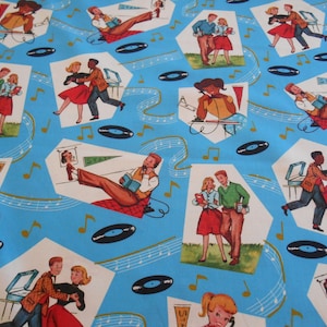 May include: A blue and white fabric with a repeating pattern of teenagers from the 1950s. The pattern includes a record player, musical notes, and the word "Star".