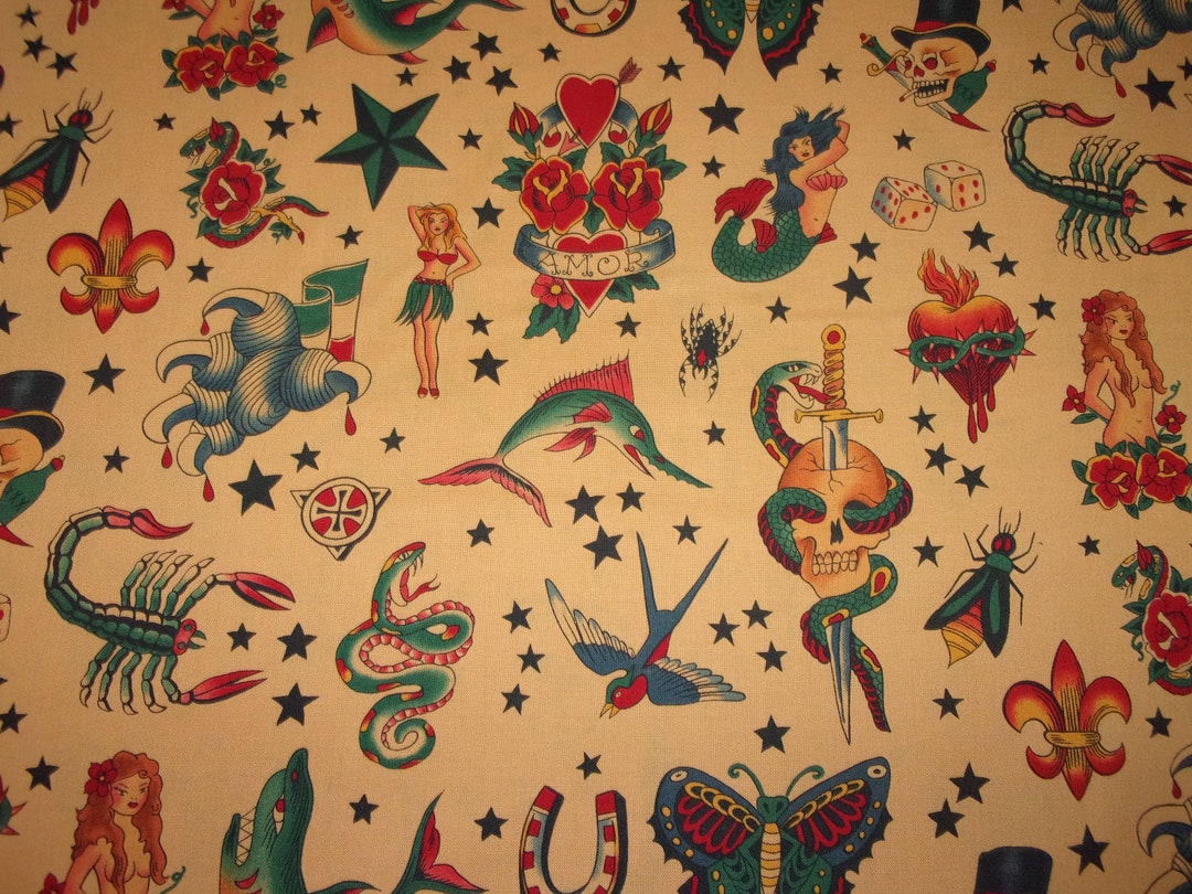 Alexander Henry tattoo Fabric Tea Back Ground 1 Yard 6236A - Etsy