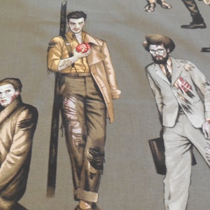 May include: A fabric panel with a repeating pattern of zombie-like figures. The figures are dressed in various clothing, including a brown coat, a yellow shirt, a white shirt, and a plaid shirt. The figures are holding red apples and have distressed skin.