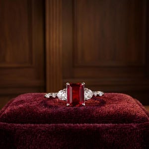 Puede incluir: Un anillo que presenta una gran piedra preciosa rectangular de color rojo intenso en el centro, flanqueada por dos piedras blancas claras y redondas a cada lado. La banda es metálica y sujeta las piedras con un engaste de garras.