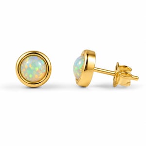 Round Natural Opal Stud Earrings, 14K Gold Plated Bezel, Dainty Fire Opal Jewelry, October Birthstone Gift for Her, Tiny Studs, Opal Earring