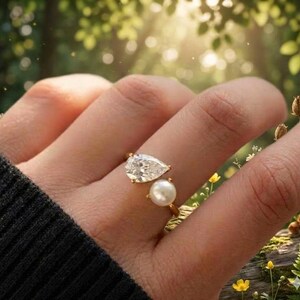 Anillo Toi et Moi, Anillo de perlas, Anillo de promesa, Anillo de dos piedras, Anillo vintage, Anillo de piedras preciosas, Joyería de perlas, Regalo de aniversario, Regalo para ella,