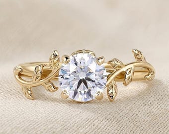 14K Blattgold Solitär Verlobungsring, Runder Moissanit, Botanischer Ehering