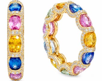 Rainbow Sapphire Eternity Ring, Multicolor Oval Gemstones, Diamond Halo Style Band