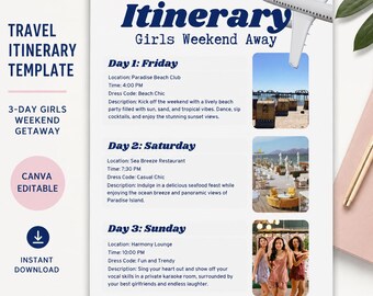 May include: A travel itinerary template for a three-day girls weekend away featuring a white background with dark blue text. The document includes a graphic of an airplane, three photo placeholders with beach and social scenes, and sections for Friday, Saturday, and Sunday schedules with specific locations, times, and dress codes.