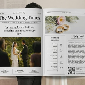 May include: A newspaper-style wedding announcement titled "The Wedding Times" with the date July 12, 2030. The announcement includes photos of a couple, wedding rings, and a timeline. The headline reads, "A lasting love is built on choosing one another every day."