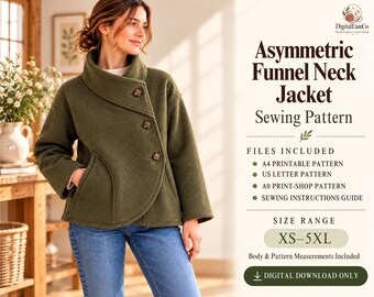 Asymmetric Jacket Sewing Pattern PDF, Women's Funnel Collar Coat with Curved Front, XS-5XL