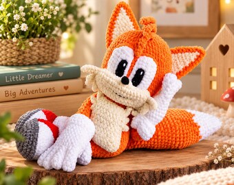 Two-Tailed Fox Crochet Pattern PDF, Orange Amigurumi Fox with Sneakers, Twin Tail Plush Toy, Instant Download