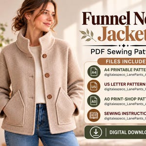 Funnel Neck Jacket Sewing Pattern PDF, Women's Button Front Coat with Patch Pockets, XS-5XL, Dropped Shoulder, A4 US Letter A0
