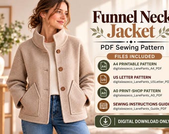 Schnittmuster für eine Jacke mit Stehkragen (PDF), Damenmantel mit Knopfleiste und aufgesetzten Taschen, Größen XS–5XL, überschnittene Schultern, A4 (US Letter A0)