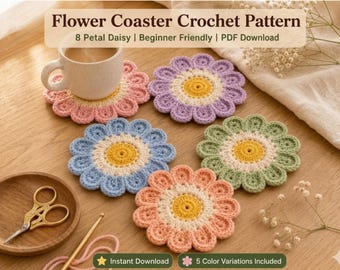 Crochet Flower Coaster Pattern PDF, Daisy Mug Rug, Floral Coaster Set Table decor, Easy Crochet Home Decor, Instant Download
