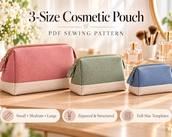 Könnte beinhalten: Drei Kosmetiktaschen in den Größen klein, mittel und groß, mit einem rosa, grünen und blauen Design, einer beigen Basis und goldenen Reißverschlüssen. Der Text lautet 3-Size Cosmetic Pouch PDF Sewing Pattern, Small, Medium, Large, Zippered & Structured und Full-Size Templates.