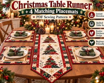 Könnte beinhalten: Ein PDF-Schnittmuster für einen Weihnachtstischläufer und vier passende Platzsets. Der gesteppte Stoff zeigt ein Patchwork-Design aus grünen und roten Weihnachtsbäumen, goldenen Schneeflocken und Stechpalmen auf cremefarbenem Grund.