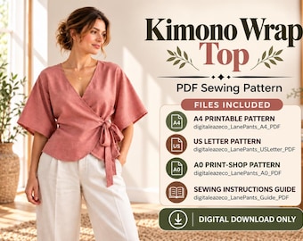 Schnittmuster für ein Kimono-Wickeloberteil (PDF), Blusenschnittmuster mit V-Ausschnitt und seitlicher Bindebändern, Damenoberteil mit Kimonoärmeln, Sofort-Download, Größen XS-5XL, Format A4 (US Letter)