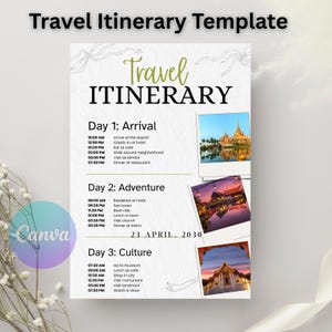 May include: A travel itinerary template with the title "Travel Itinerary Template" at the top. The itinerary is divided into three days, each with a list of activities and times. The template includes the date "23 APRIL, 2030" and travel-themed images.