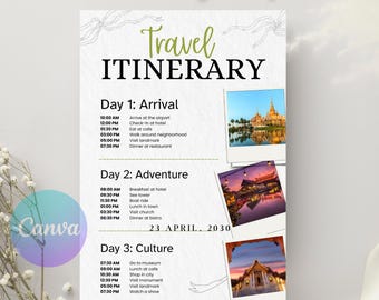 May include: A travel itinerary template with the title "Travel Itinerary Template" at the top. The itinerary is divided into three days, each with a list of activities and times. The template includes the date "23 APRIL, 2030" and travel-themed images.
